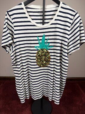 J.Crew Collector Tee XL Navy Stripe Sequin Pineapple Graphic T-Shirt